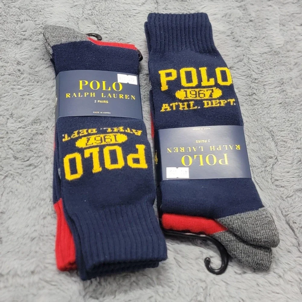 Polo Ralph Lauren Socks Mens 10-13 Navy Red 1967 Athletic Dept 2 Pack Mid Calf